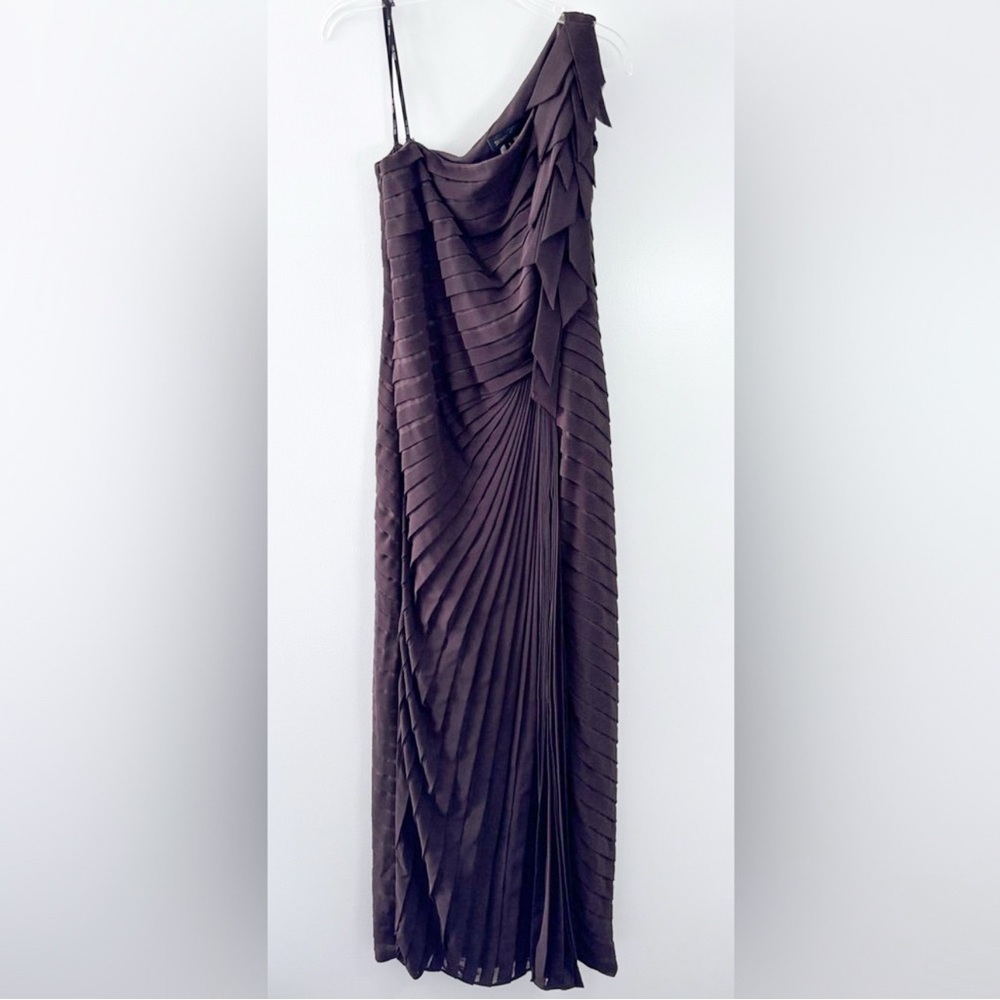 Tadashi Shoji Chocolate Brown One Shoulder Pleated Silk Evening Gown Size 8